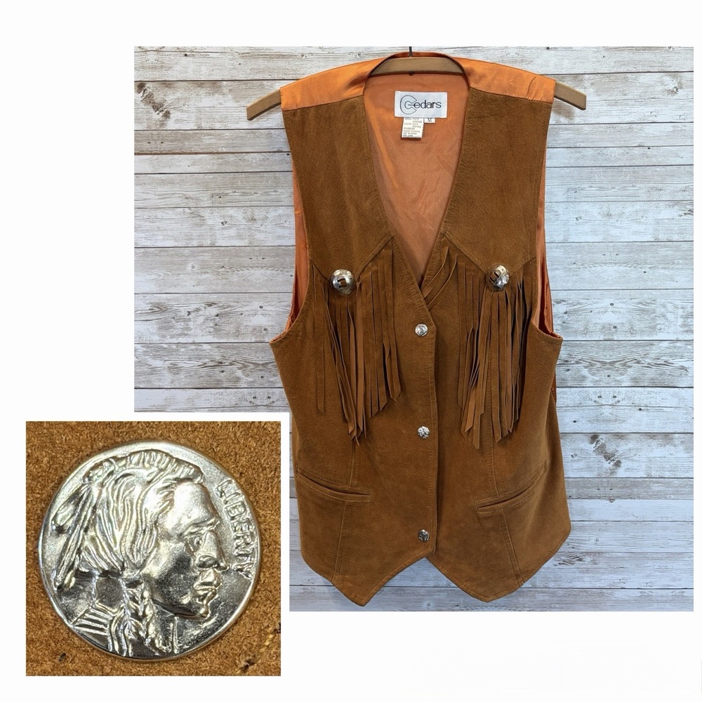 Vintage Cedars Womens M Vest Suede Fringe Leather Brown Western Cowboy Cowgirl